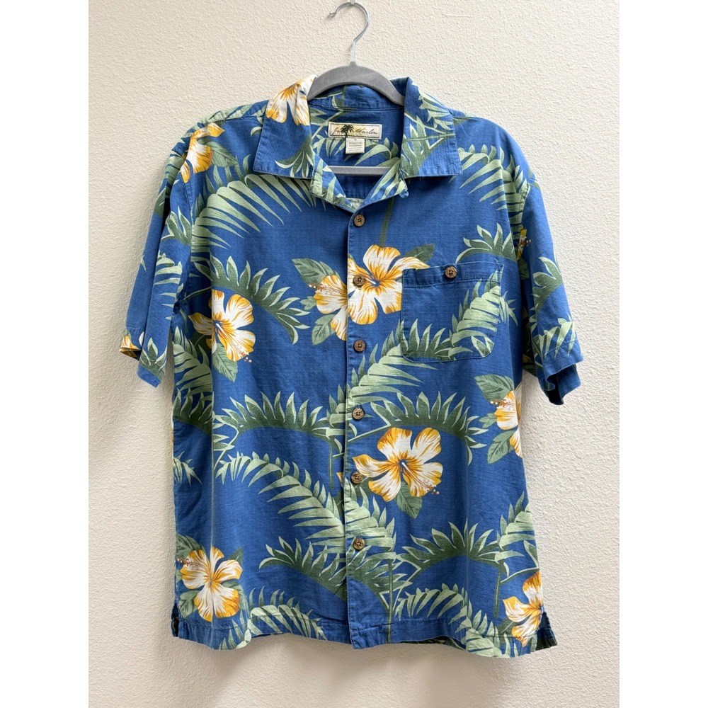 Joe Marlin Mens Medium Blue Hibiscus Tropical Floral Aloha Short Sleeve Shirt M